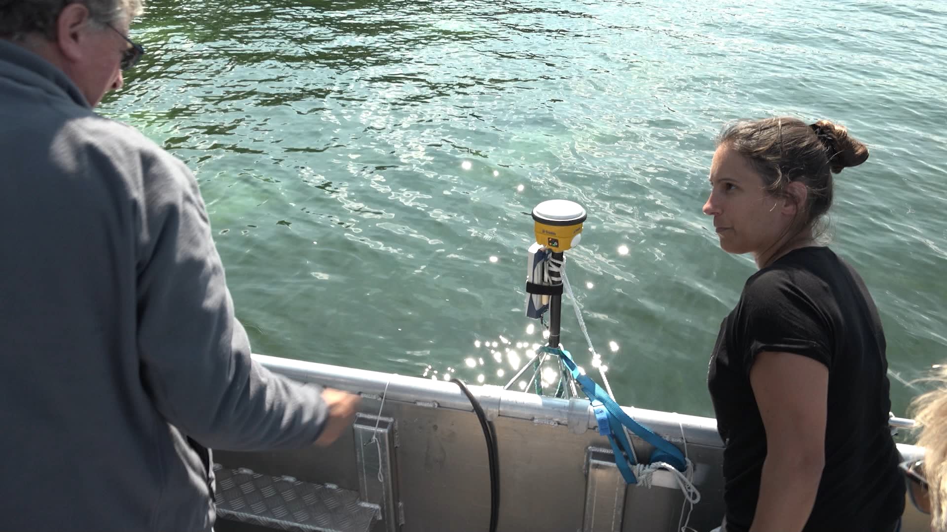 man and woman on a boat with a device between them