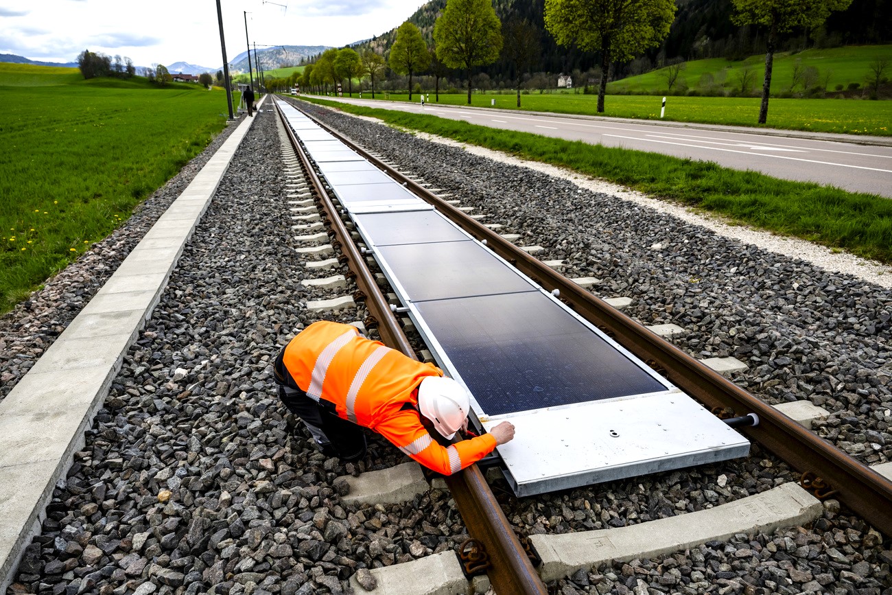 The start-up Sun-Ways has installed solar panels between the rails of a railway line near Buttes, canton Neuchâtel. in western Switzerland.